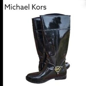 Michael Kors Fulton Tall Riding Harness Boot Black Gloss MK Logo Rain Women 8